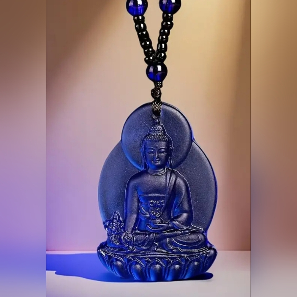 Spiritual Tribal Style Buddha Blue Glass Necklace Pendant - Picture 4 of 8